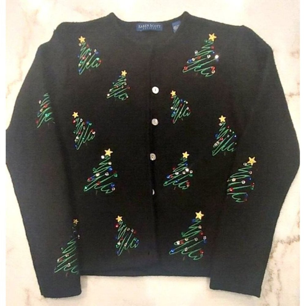 NWOT Karen Scott Women Black‎ Christmas Design Boiled Wool Cardigan Blazer SZ PS